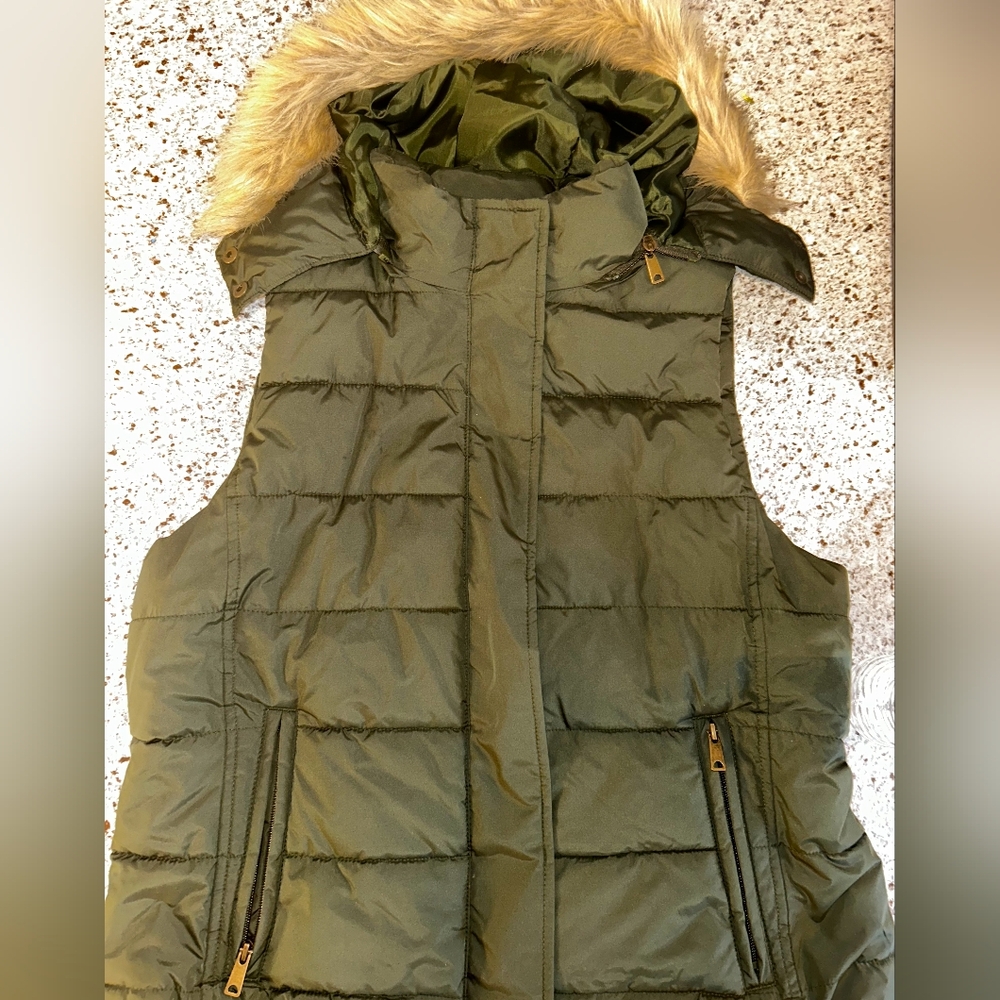 Banana Republic Olive Green Puffer Vest with Faux Fur Hood